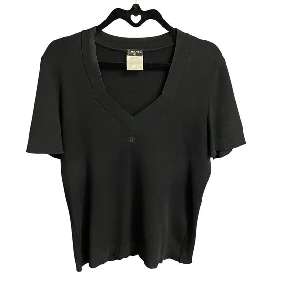 Vintage Chanel Wool Blend Knit V Neck Logo Top Black Womens 46 / US 14 AS IS - Picture 1 of 12